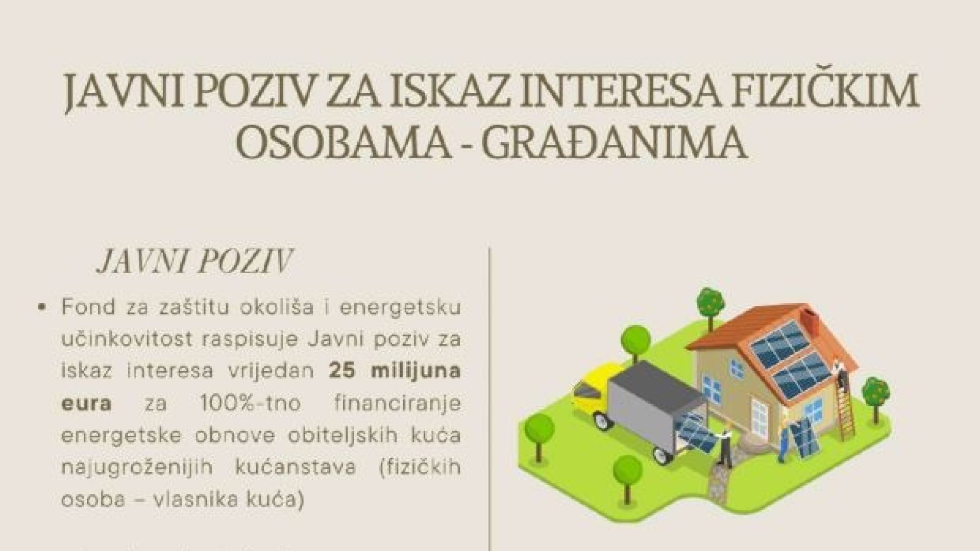 Javni poziv za iskaz interesa građanima iz ranjivih skupina za financiranje energetske obnove obiteljskih kuća